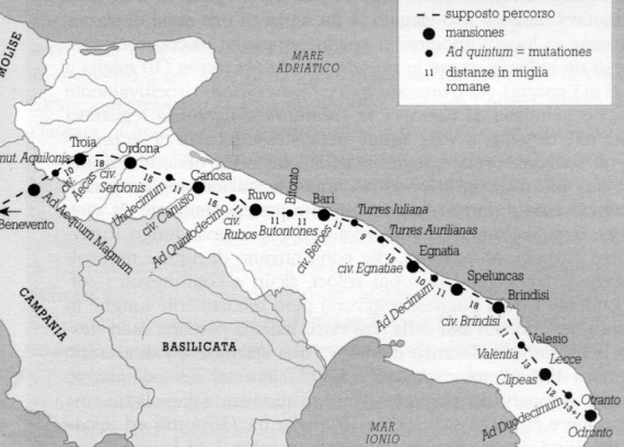 Il percorso pugliese dell'Appia-Traiana e della Traiana-Calabra con le distanze in miglia romane e le stazioni intermedie (fonte: dal web)