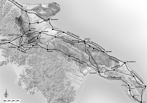 Rappresentazione schematica della viabilità principale in Puglia in età repubblicana. (da G. Ceraudo, <em>La Via Appia (a sud di Benevento) e il sistema stradale in Puglia tra Pirro e Annibale</em>, 2012)