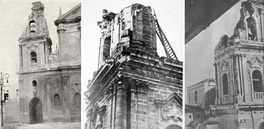 Il campanile del Duomo colpito durante i bombardamenti