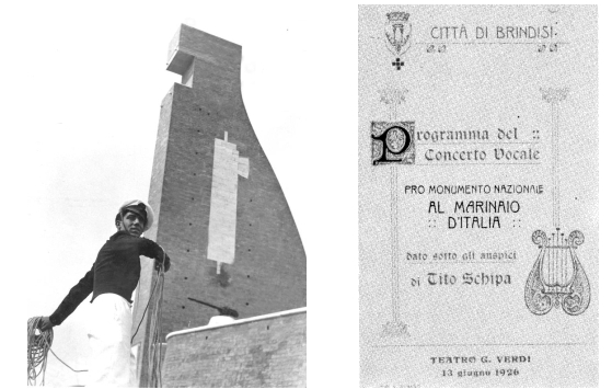 Monumento al Marinaio d'Italia e a dx il programma della serata al Teatro Verdi