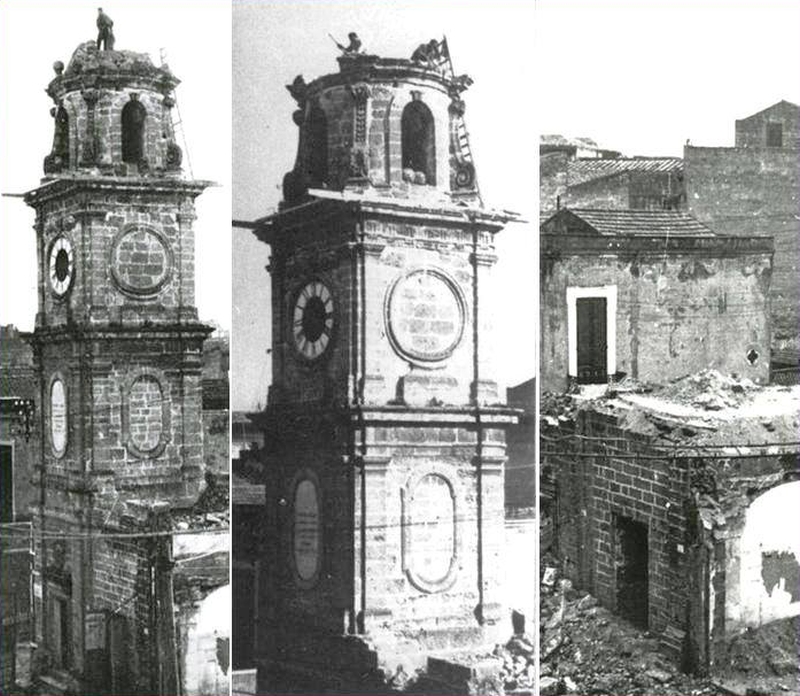 Le varie fasi della demolizione della Torre dell'Orologio, da sx:,13 feb ore 7:00; 13 feb ore 11:00; 15 feb. ore 10:00 (da La Gazzetta del Mezzogiorno del 15 ottobre 1966)