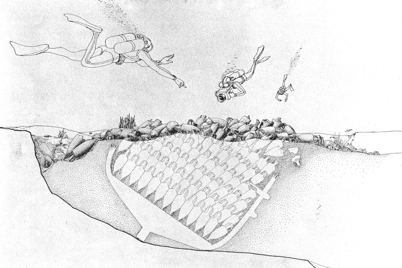 Sezione di un relitto, ricoperto dal sedimento marino, al momento della scoperta. Disegno Eugenio Rubini da Rassegna Archeologica Subacquea