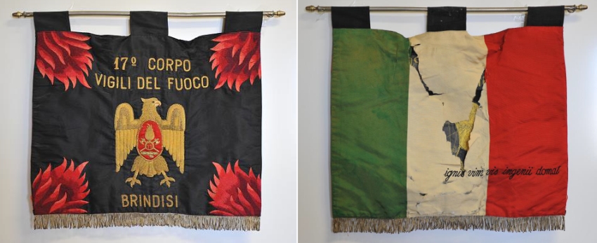 Labaro del 17° Corpo dei Vigili del Fuoco di Brindisi con il motto: _Ignis Vim Vis Ingenii Domat_- La potenza dell’ingegno doma la furia del fuoco