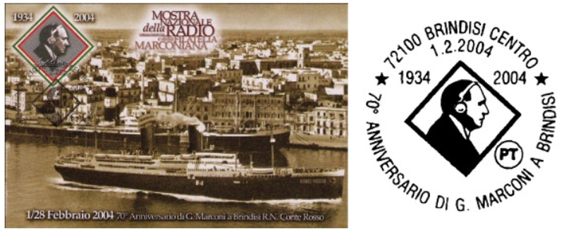 La cartolina e l'annullo postale del 2004 in occasione del 70° anniversario di Marconi a Brindisi