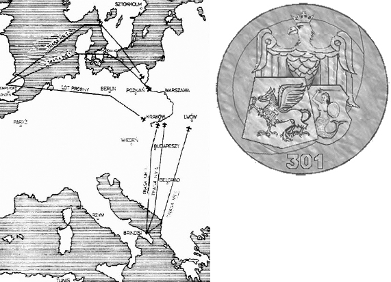 Le rotte del 301° Squadron da Brindisi - a destra lo stemma
