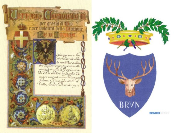 Solenne documento di concessione dello stemma e del gonfalone a firma del re, a dx lo stemma della provincia